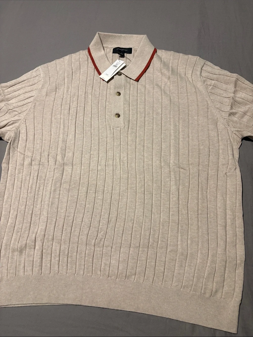 Banana Republic Beige Ribbed Polo Shirt with Red-Trim Collar